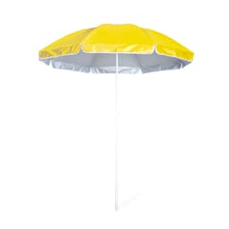 A yellow and grey beach umbrella with a white pole, designed for outdoor leisure activities.