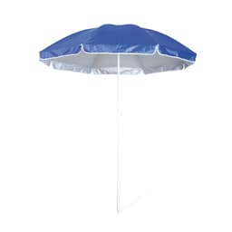 A blue beach umbrella with a white underside and a sturdy white pole. Features a simple design and has branding.