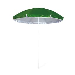A green and white beach umbrella with a central pole and a rounded canopy. The design features a branding logo.