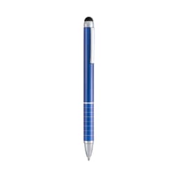 A blue stylus touch ball pen with a metallic finish and a clip. It features a rounded top for touchscreen use.