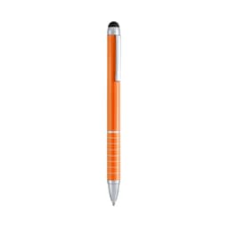 An orange ballpoint pen with a silver clip and a stylus tip at the top, featuring a logo.