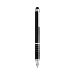 A black ballpoint pen with a silver clip and grip, featuring a stylus tip and a sleek design.