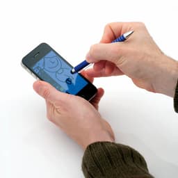 A person with a blue Minox ballpoint pen is drawing on a smartphone screen with a white background.