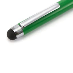 A green ballpoint pen with a chrome clip and a black stylus tip, featuring a smooth finish.
