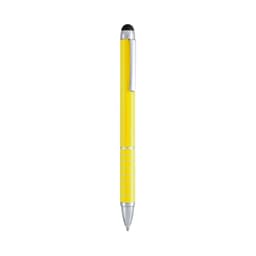 A yellow Minox ballpoint pen with a silver clip and grip. Includes a stylus tip at the top.