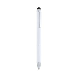 A white ballpoint pen with a stylus tip at one end and a silver clip, featuring a branding logo.