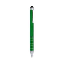 A green Minox ballpoint pen featuring a chrome clip and a stylus tip for touchscreen use.