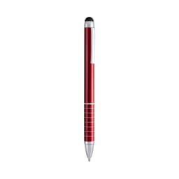 A red ballpoint pen with a stylus tip and silver accents, featuring a logo on its body.