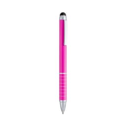 A pink Minox ballpoint pen featuring a stylus tip and a silver clip. It has a sleek design with grip lines.