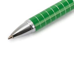 A green ballpoint pen with silver accents, featuring a striped design and a metal tip.
