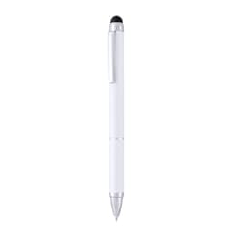 A white ballpoint pen with a stylus tip and a silver clip. The pen has a smooth barrel design.