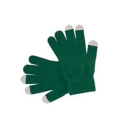 Green gloves with light-coloured tips, featuring a ribbed cuff and a simple design.
