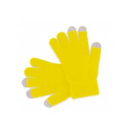 A pair of bright yellow gloves with grey tips. The gloves feature a ribbed cuff and have a logo.