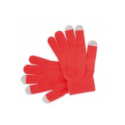 A pair of bright coral gloves with grey fingertips and a ribbed wrist cuff, featuring a logo.