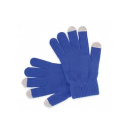 A pair of blue gloves featuring grey tips on the fingers, with a ribbed wrist design and a logo.