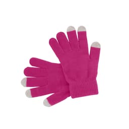 A pair of pink gloves with light grey tips on the fingers, featuring a knitted design and a logo.