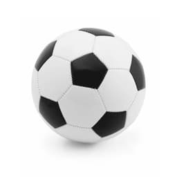 A black and white soccer ball with a traditional pentagon and hexagon pattern, featuring a visible logo.