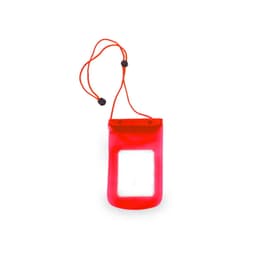 A red multipurpose bag with a transparent window and adjustable drawstrings. It features a logo.