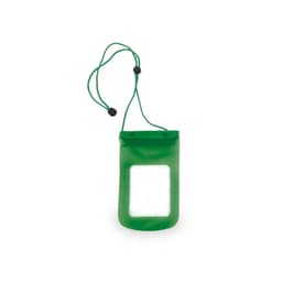 A green multipurpose dry bag with a transparent window and adjustable cord for easy carrying.