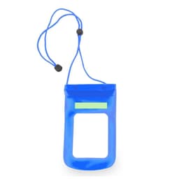 A blue multipurpose bag with a transparent front, featuring a drawstring closure and a logo.