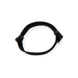 A black rope bracelet featuring adjustable knots and a simple design. It includes a branding logo.