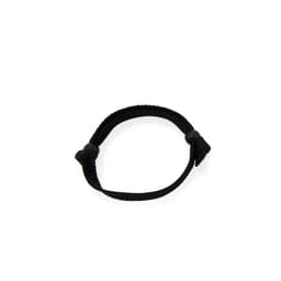 A black braided wristband with adjustable knots at either end. It features a simple, textured design.