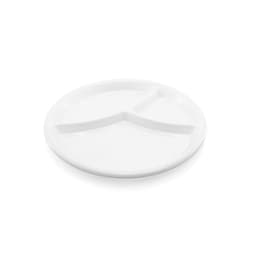 A white round serving plate divided into three sections, featuring a smooth finish.