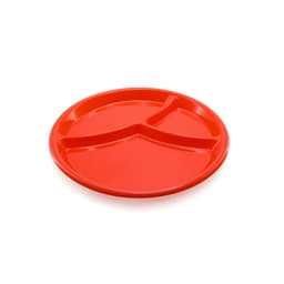A red divided serving tray with three sections, featuring a smooth plastic surface and a circular design.