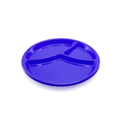 A blue divided serving tray with three sections, designed for serving food or snacks. It has a smooth finish and a circular shape.