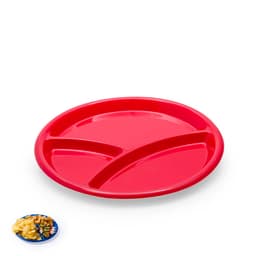 A red divided serving platter with three sections, accompanied by a small plate of food items.