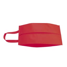 A red shoe bag with a zip closure and two handles, featuring branding.