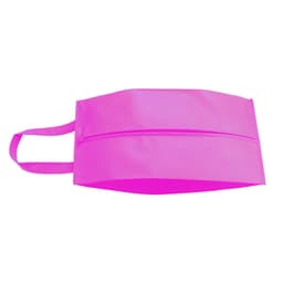 A pink bag with two handles and a zippered compartment, featuring a branding logo.