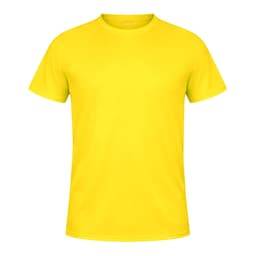 A bright yellow T-shirt featuring a simple design and a branding logo. Ideal for casual wear or promotional events.