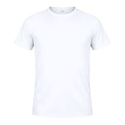 A plain white T-shirt featuring short sleeves and a round neckline, with a logo on the label.