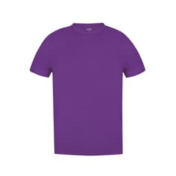 A purple T-shirt made from soft fabric, featuring a round neckline and short sleeves. It has a logo on it.