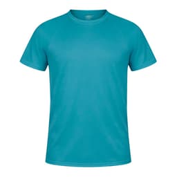 A teal T-shirt with a classic crew neckline and short raglan sleeves. It features a logo on the front.