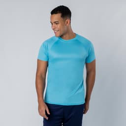 A fitted teal T-shirt with short sleeves, featuring a logo on the chest, displayed on a smiling male model.