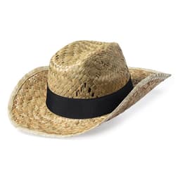 A straw hat in natural tones with a black band, featuring a wide brim and a woven design.