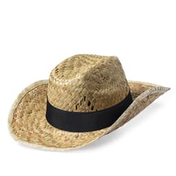 A straw Bull Hat with a wide brim and a black band around the crown.