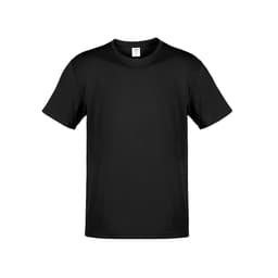 A black adult T-shirt with short sleeves, featuring a simple design and a tag at the neckline.