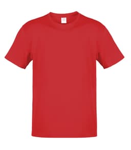 A red adult T-shirt with a crew neck and short sleeves. It has a blank design and includes a logo.