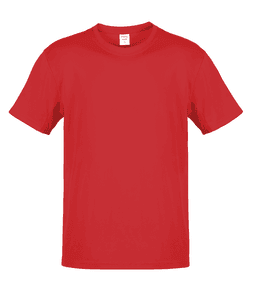 A red adult T-shirt with a round neckline and short sleeves. It includes a tag and features a logo.