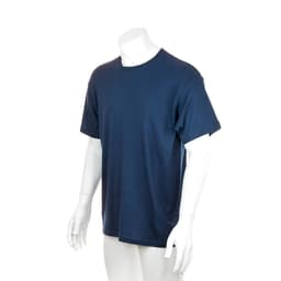 A navy blue adult T-shirt displayed on a mannequin, featuring short sleeves and a relaxed fit.