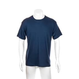A navy blue adult T-shirt displayed on a mannequin, featuring short sleeves and a round neck. It has a logo.