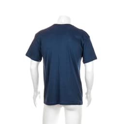 A navy adult T-shirt displayed on a mannequin from the back, featuring short sleeves and a simple design.