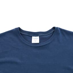 A navy blue adult T-shirt with a round neckline and a logo on the label.