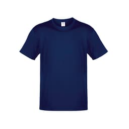 A navy blue adult t-shirt with short sleeves and a tag inside. It features a logo on the label.
