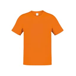 An orange adult T-shirt featuring a simple design and a visible logo on the label.