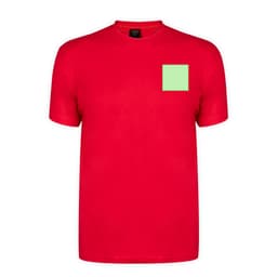 A red adult T-shirt with a green square patch on the front and a logo on the label.