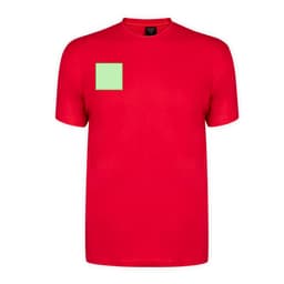A red adult T-shirt featuring a green square on the upper left side and a logo.